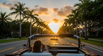 Vista trasera de una persona en un descapotable rojo conduciendo por una calle de Florida flanqueada por palmeras bajo un atardecer dorado.