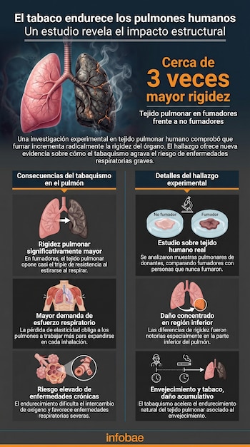 Ilustración que compara un pulmón sano y uno dañado por el tabaquismo, junto a gráficos que explican las consecuencias del tabaco en la rigidez pulmonar.