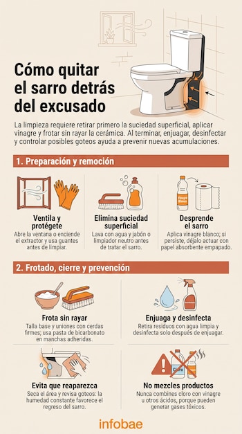 Infografía con un dibujo de un excusado, íconos de guantes, cepillo, vinagre y símbolos de advertencia.