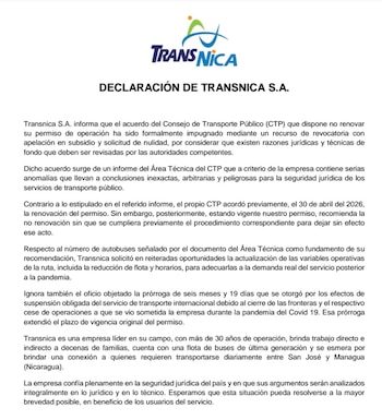 El Consejo de Transporte Público de Costa Rica tomó la decisión el 3 de septiembre para la ruta Managua-San José; la empresa apeló y cuestionó el informe técnico que fundamentó la resolución. (Imagen de cortesía)