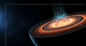 Imagen de un exoplaneta con un corte transversal que expone un núcleo brillante, anillos de nubes minerales anaranjadas y líneas de luz azul cian en el espacio oscuro.