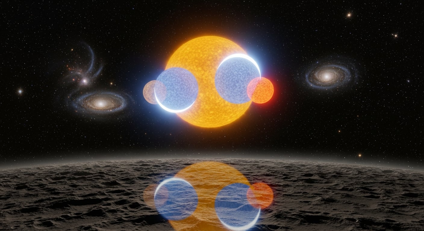 Una representación artística muestra un sistema estelar de tres estrellas realizando un raro eclipse triple, observado desde una superficie planetaria con galaxias distantes al fondo (Imagen Ilustrativa Infobae)