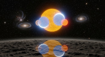 Sistema estelar triple con una estrella amarilla central, dos azules y dos anaranjadas que la eclipsan. Visto desde superficie rocosa, con galaxias y estrellas.