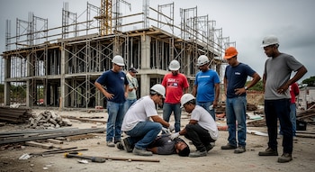 Grupo de trabajadores de la construcción con cascos, algunos arrodillados, atienden a un hombre tendido en el suelo en una obra con andamios y materiales.