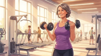 Ilustración: Mujer de mediana edad con cabello gris levantando mancuernas en un gimnasio luminoso con grandes ventanas. Otras personas entrenan con máquinas al fondo.
