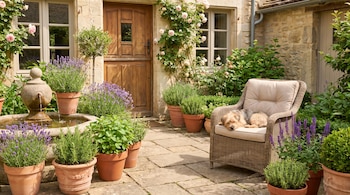 Patio de piedra con fachada de piedra, puerta de madera, ventanas, fuente, varias macetas con plantas aromáticas, rosales, silla de mimbre y perro durmiendo.