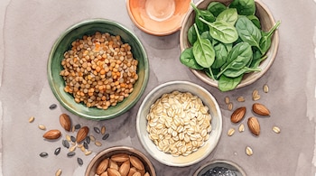 Cuencos de cerámica con lentejas, copos de avena, espinacas frescas, almendras y semillas esparcidas en una ilustración en acuarela.