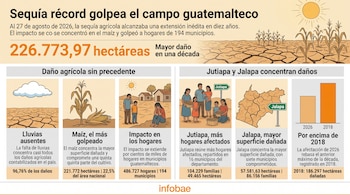 Infografía con datos sobre la sequía, dibujos de suelo agrietado, plantas de maíz, una familia, mapas y un gráfico de barras.