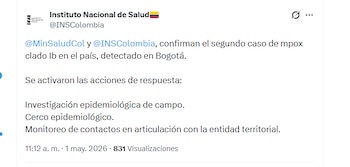 El Instituto Nacional de Salud y el Ministerio de Salud confirmaron un segundo caso de mpox clado Ib en el país - crédito @INSColombia/X