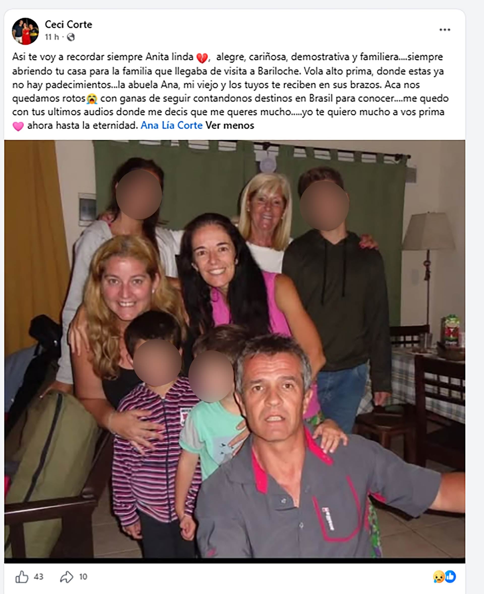 Ana Lía Corte, cuyo cuerpo fue encontrado este martes por la noche en un barranco de la ciudad de Bariloche, junto a su familia.