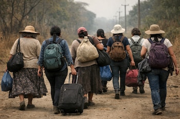 Seis mujeres de diversas edades caminan de espaldas por un sendero de tierra. Llevan mochilas, bolsos y una maleta. Hay árboles secos y postes al fondo.