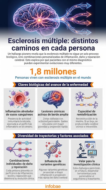 Ilustración de un cerebro humano, caminos neuronales, esquemas de inflamación, lesiones cerebrales, mielina, ADN y un microscopio, con texto explicativo.
