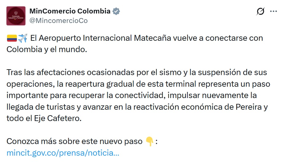 El Ministerio de Comercio resalta que restaurar la conectividad es clave para reactivar el turismo y la economía en las zonas afectadas - crédito @MincomercioCo/ X