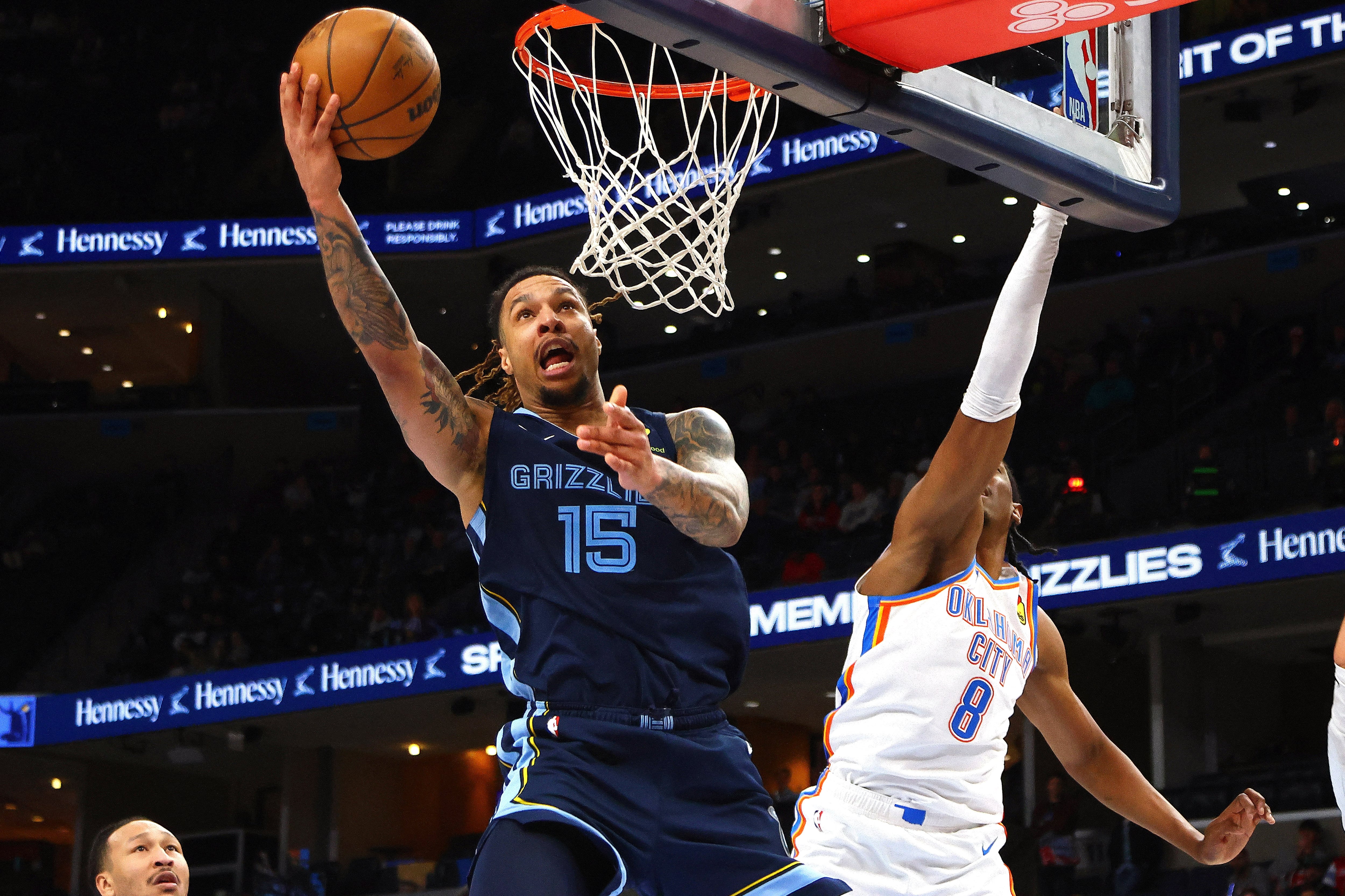 El alero de Memphis Grizzlies Brandon Clarke en acción durante un partido de la temporada regular de la NBA ante Oklahoma City Thunder (Petre Thomas-Imagn Images)
