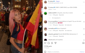 Captura de pantalla de Instagram con una mujer de cabello rosa junto a la bandera de España y una sección de comentarios