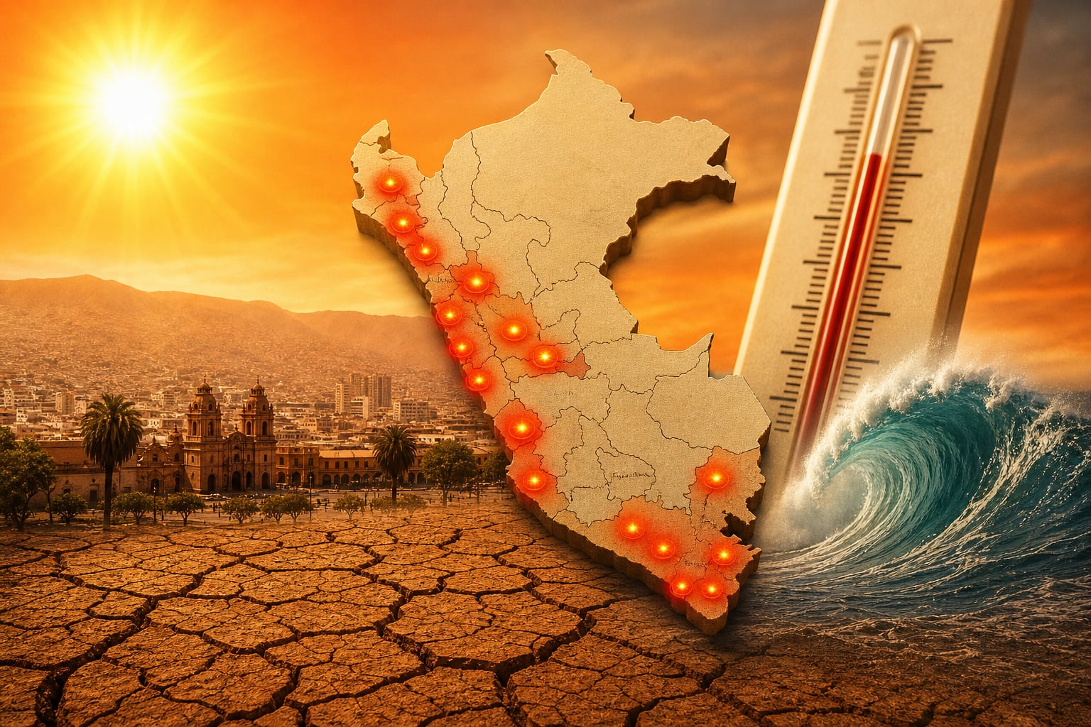 Un mapa de Perú ilustra el aumento de temperaturas en las zonas costeras durante el fenómeno de El Niño Costero reportado por el Senamhi. (Imagen Ilustrativa Infobae)