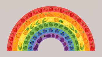 Ilustración de un arcoíris con franjas de colores rellenas de diversas frutas y verduras sobre un fondo gris claro.