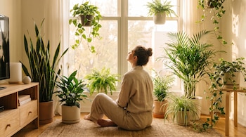 Persona sentada en el suelo de madera sobre una alfombra de yute, rodeada de plantas de interior diversas junto a una ventana con luz natural.