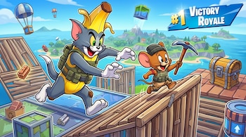 Tom y Jerry, con atuendos tácticos, corren sobre estructuras de madera en un entorno de isla tropical con globos aerostáticos y el cartel "Victory Royale" de Fortnite.
