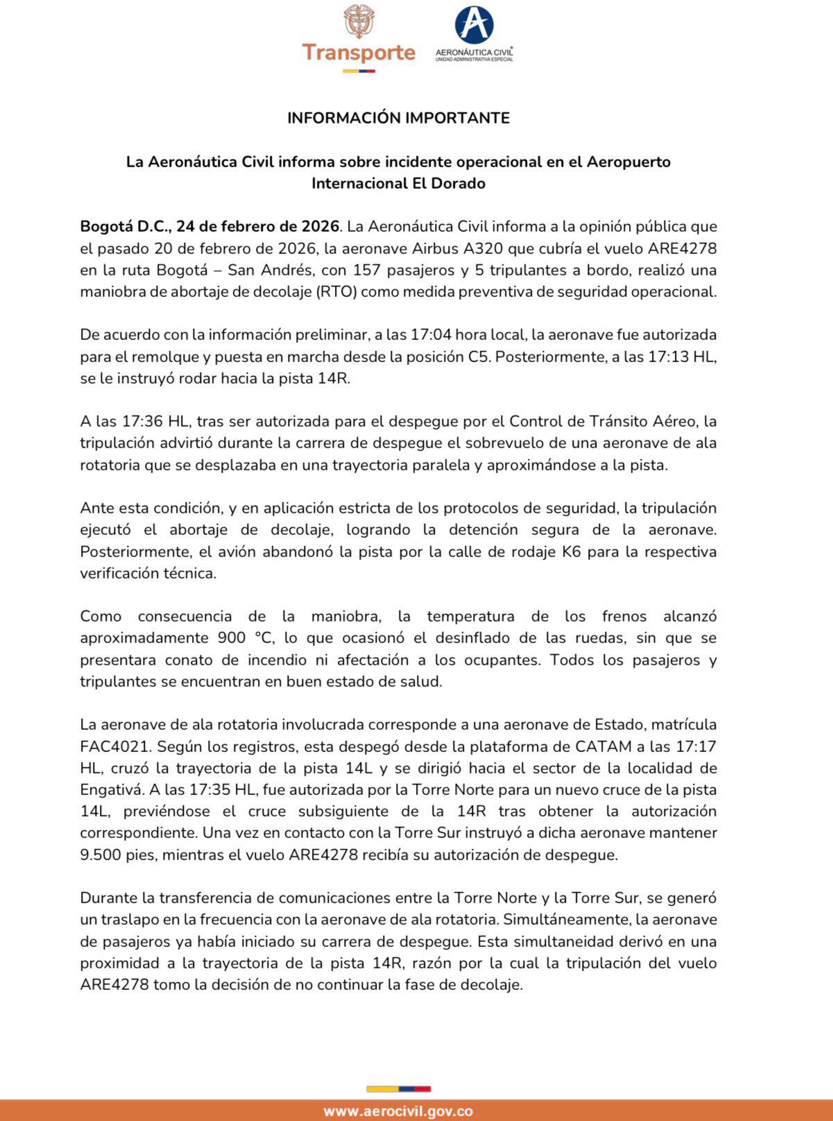 Se registró una temperatura de hasta 900 °C en los frenos del avión durante la maniobra de emergencia, pero no hubo lesiones ni daños materiales graves - crédito Aerocivil