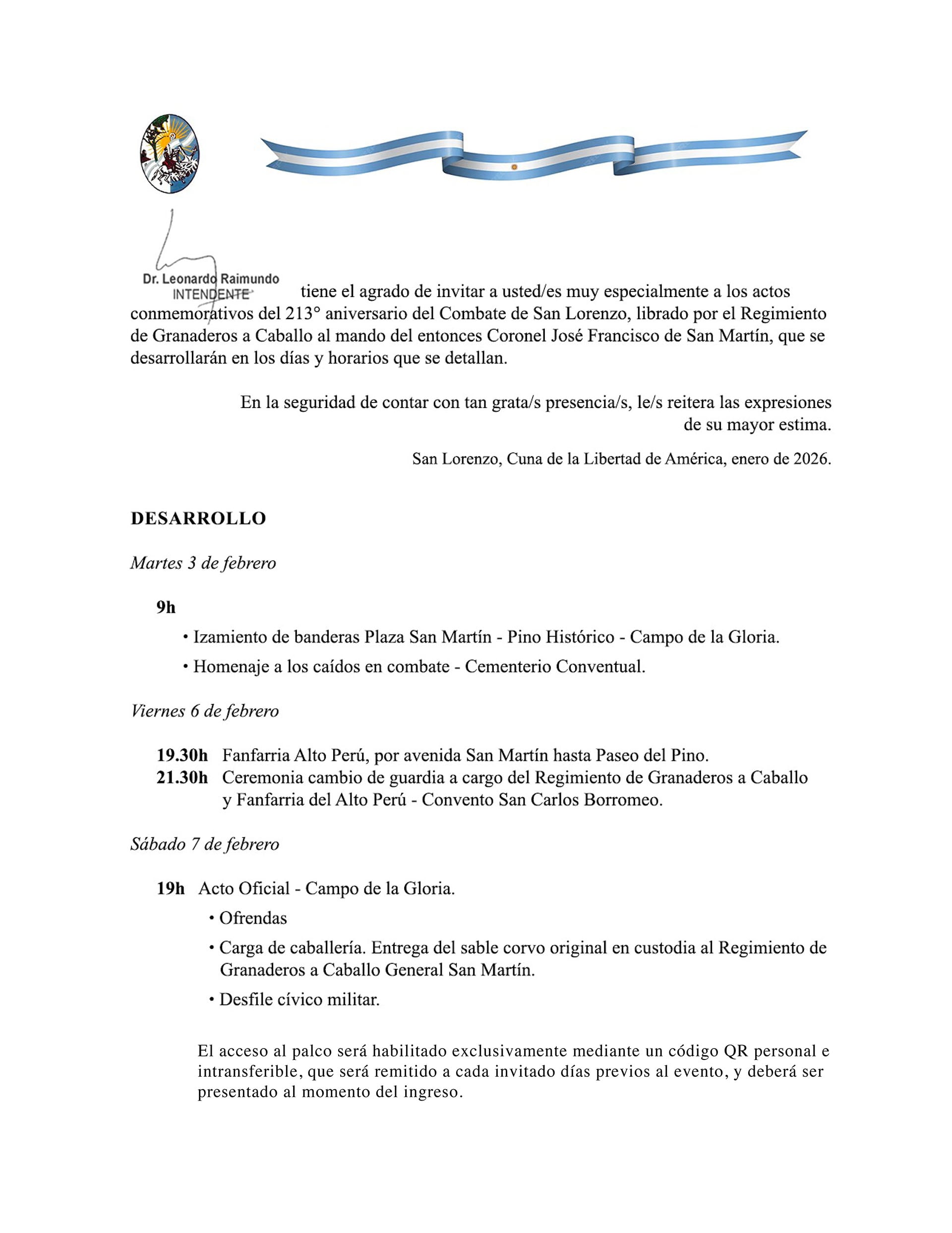 La invitación que enviaron a Presidencia para el acto oficial que conmemora el 213° aniversario del Combate de San Lorenzo