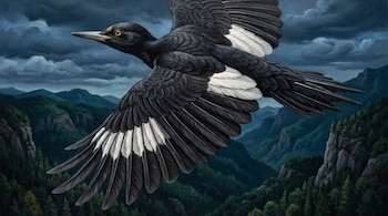 Ave negra con manchas blancas en las alas extendidas en vuelo sobre montañas boscosas y un cielo con nubes oscuras.