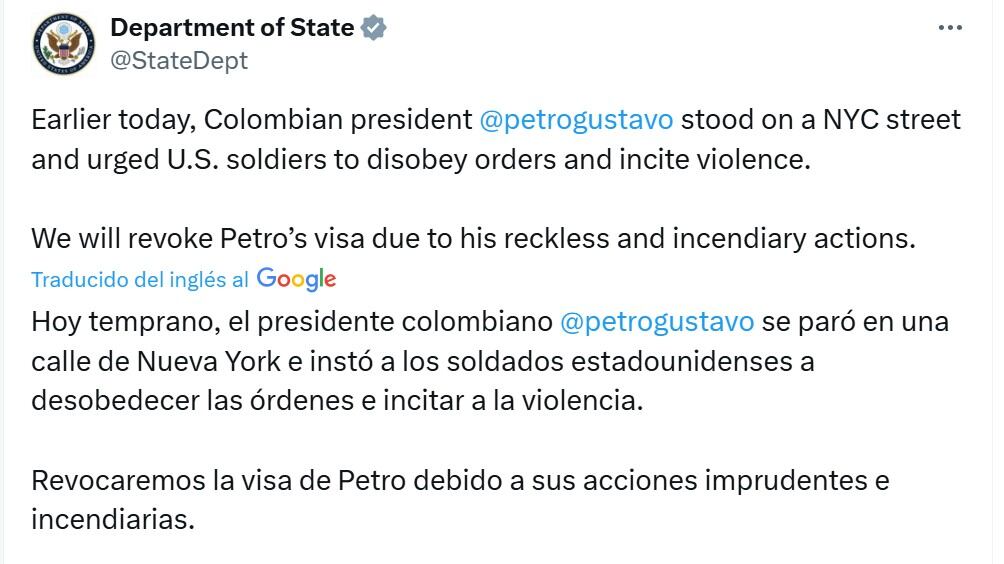 Estados Unidos revocará la visa del presidente colombiano, Gustavo Petro - crédito X