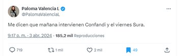 Confandi y Sura podrían ser intervenidas, según Paloma Valencia - crédito @PalomaValenciaL/X