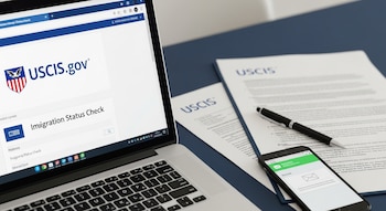Primer plano de una laptop con el portal uscis.gov abierto en la sección de verificación de estatus migratorio. Documentos, bolígrafo y móvil con email en un escritorio.