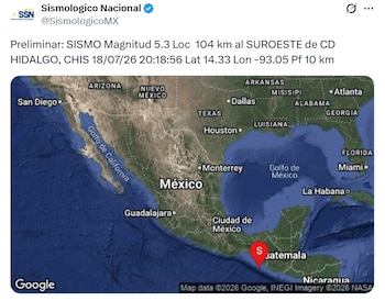 Sismo de magnitud 5.3 en Ciudad Hidalgo, Chiapas este 18 de julio. (X/ @SismologicoMX)