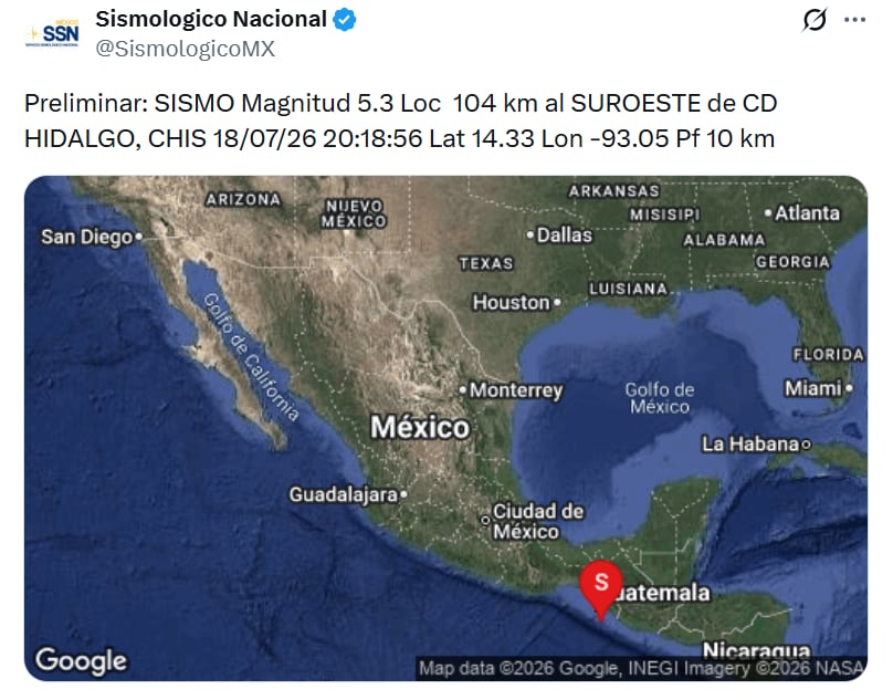 Sismo de magnitud 5.3 en Ciudad Hidalgo, Chiapas este 18 de julio. (X/ @SismologicoMX)