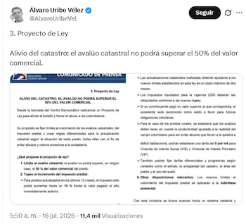Álvaro Uribe anunció que el Centro Democrático presentará un proyecto de ley para frenar cobros excesivos en el avalúo catastral - crédito @AlvaroUribeVel/X