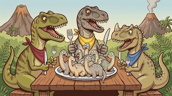 Tres dinosaurios adultos, uno verde, uno gris y uno beige, sentados a una mesa de madera con cubiertos. Un plato blanco tiene siete dinosaurios pequeños. Hay volcanes y plantas en el fondo.