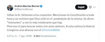 El concejal de Bogotá Andrés Barrios Bernal rechazó decisión de Jennifer Pedraza de no estar presente en toda la ceremonia de posesión de Abelardo de la Espriella - crédito @ABarriosBernal/X