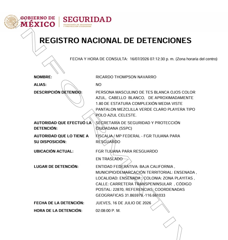 El registro oficial constató el arresto. Crédito: FGR