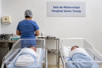 Dos recién nacidos reposan en cunas transparentes frente a una enfermera de espaldas y un cartel del Hospital Santo Tomás.