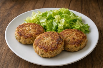 Tres tortitas redondas y doradas junto a hojas de lechuga verde sobre un plato blanco colocado en una mesa de madera.