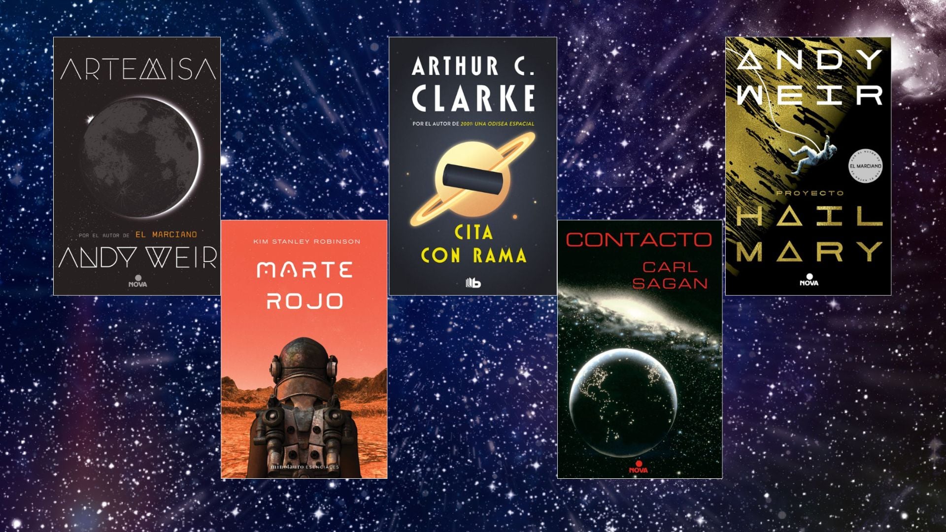 Cinco novelas de ciencia ficción recomendadas por la NASA. (Montaje de Infobae España)