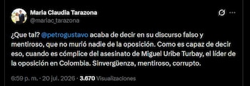 María Claudia Tarazona calificó en X como falsas y ofensivas las palabras de Petro sobre la muerte de miembros de la oposición - crédito @mariac_tarazona / X