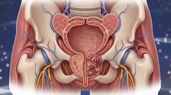 Ilustración del esqueleto pélvico, músculos, vasos sanguíneos, vejiga, vesículas seminales, próstata con un tumor visible en un lóbulo, y la uretra.
