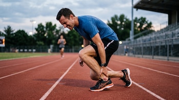 Un hombre agachado en una pista de atletismo roja se toma el tobillo con una mano mientras expresa dolor en el rostro.