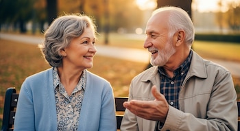 Un hombre y una mujer de edad avanzada, ambos sonriendo, sentados en un banco en un parque con luz dorada. El hombre gesticula con la mano.