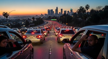 Vista aérea de una autopista de Los Ángeles con tráfico denso de autos al atardecer; el horizonte de la ciudad se ve al fondo y dos conductores al frente.