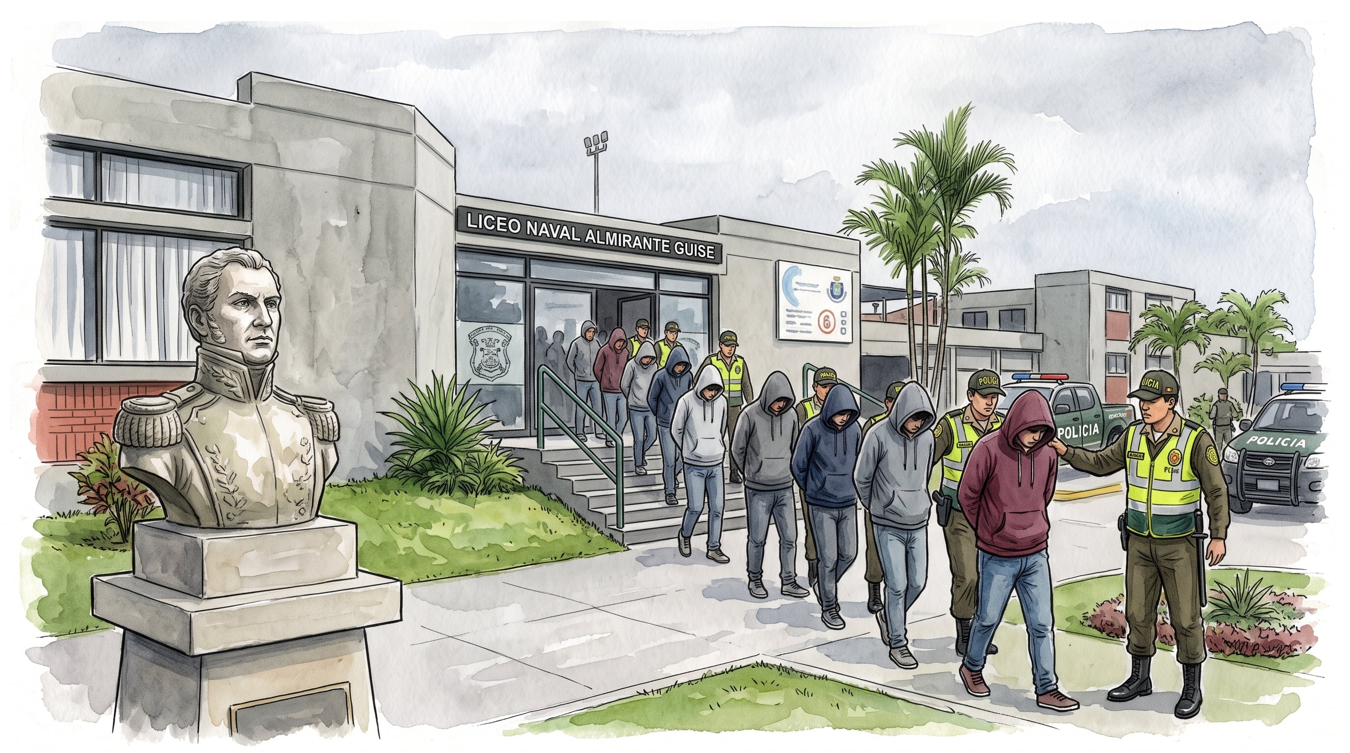 Agentes de la policía custodian a varios jóvenes encapuchados durante una intervención en las instalaciones del Liceo Naval Almirante Guise. (Imagen Ilustrativa Infobae)
