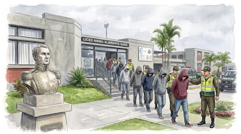 Ilustración en acuarela de policías que escoltan a jóvenes encapuchados saliendo de un colegio frente a patrullas.