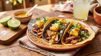 Tres tacos al pastor en un plato de cerámica con piña, cilantro y salsa, junto a limones, sal y un vaso en una mesa de madera.