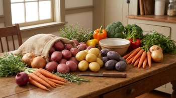 Vista cenital de papas, zanahorias, cebollas, pimientos, brócoli y hierbas frescas distribuidos sobre una mesa de madera rústica, con un cuchillo y un cuenco.