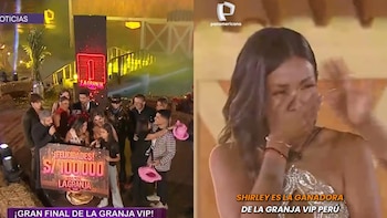 Imagen dividida: Izquierda, Shirley Arica celebra rodeada de personas y un premio de S/ 100,000. Derecha, Shirley Arica llora de emoción cubriendo su boca