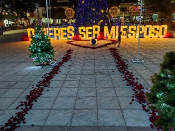 Con letrero luminoso y pétalos de rosa, Victoria Huitron le pide matrimonio a su pareja ante la mirada de muchos testigos