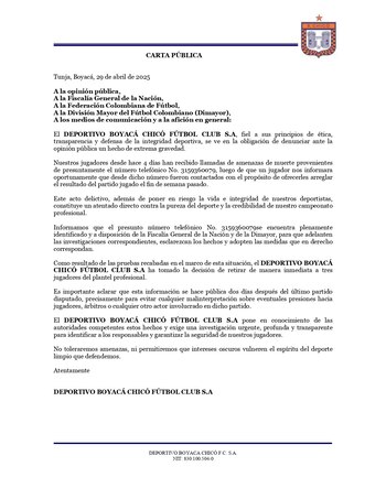 Boyacá Chicó informó que la